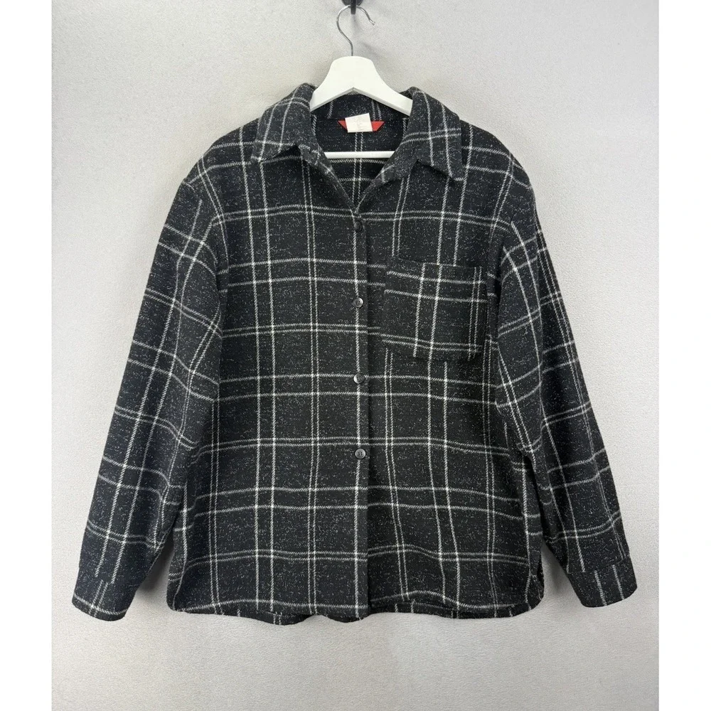Esprit Black White Plaid Wool Blend‎ Oversized Blazer Jacket L Button